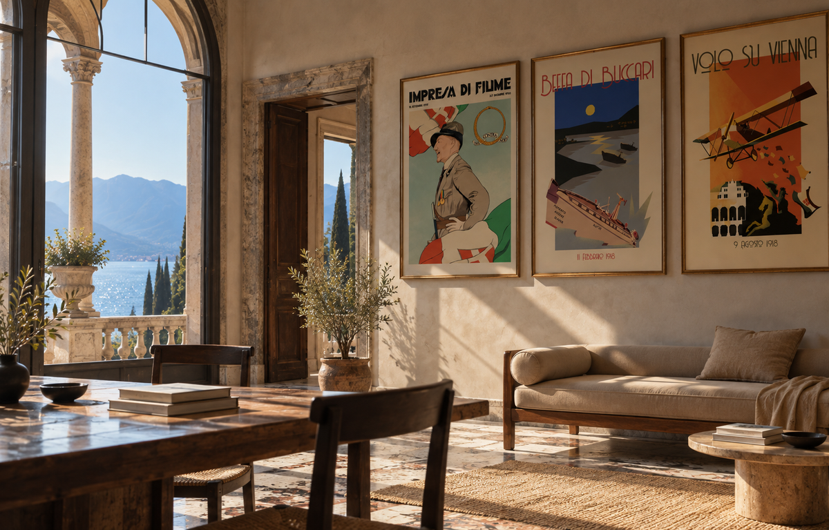 Manifesti del Vittoriale - salotto con le stampe incorniciate sul Lago di Garda